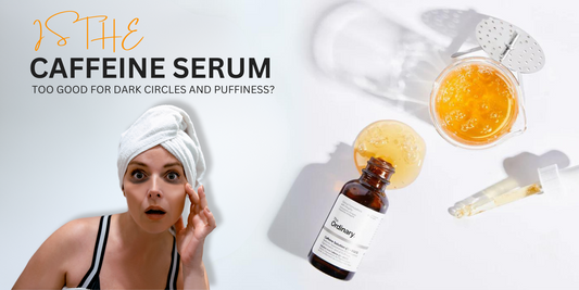 A woman with a towel on her head looks surprised, next to a bottle of caffeine serum and dropper on a white surface. Wondering about the caffeine serum price in Pakistan? The text reads, "Is the caffeine serum too good for dark circles and puffiness?