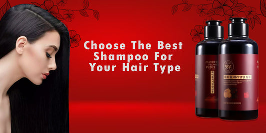 A woman with long, sleek black hair next to two bottles of Polygonum shampoo on a red background with floral patterns, text reading "choose the best shampoo for your hair type.