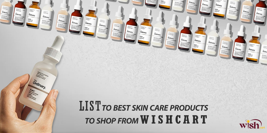 A hand holding a skincare serum bottle with a pattern of bottles in the background and a promotional text for wishcart skincare products.