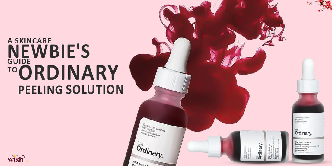 The text contains a beginner's guide to the ordinary peeling solution with product bottles and red swirls in the background.