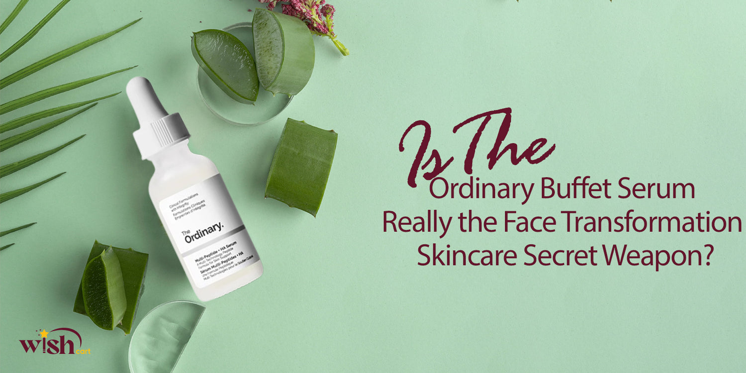 Bottle of The Ordinary Buffet Serum on a teal background with aloe vera leaves and promotional text questioning its effectiveness in skincare in Pakistan.