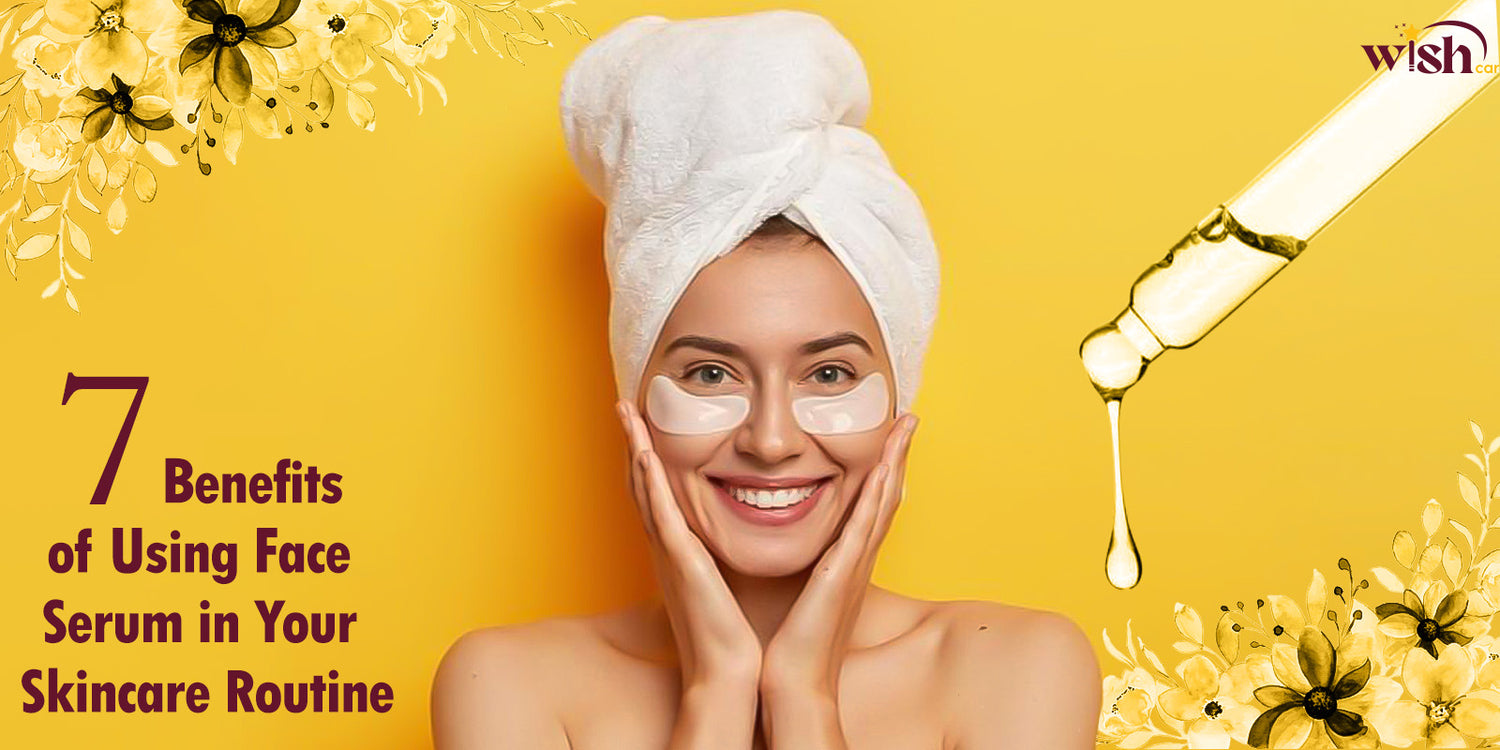 Woman smiling with a towel on her head, applying an Ordinary serum, surrounded by floral graphics with text about face serum benefits in Pakistan.